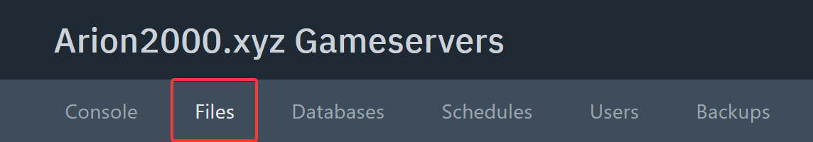 Im Bild ist der „Files“-Tab in der Navigation des Gameservercloud-Panels durch ein rotes Quadrat markiert.