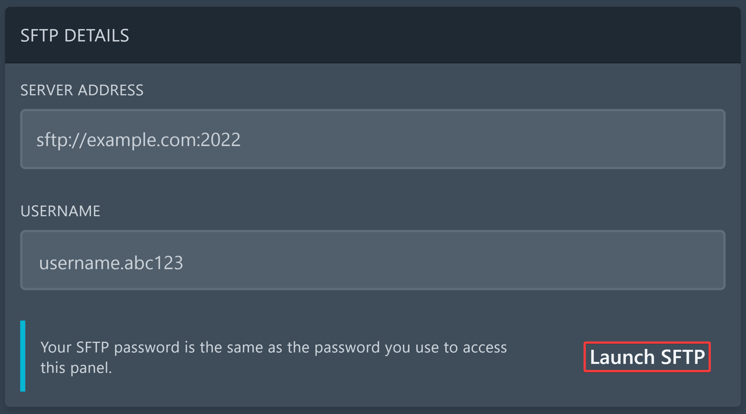 Der „Launch SFTP“-Button ist in der unteren rechten Ecke des Bildes durch ein rotes Quadrat markiert.