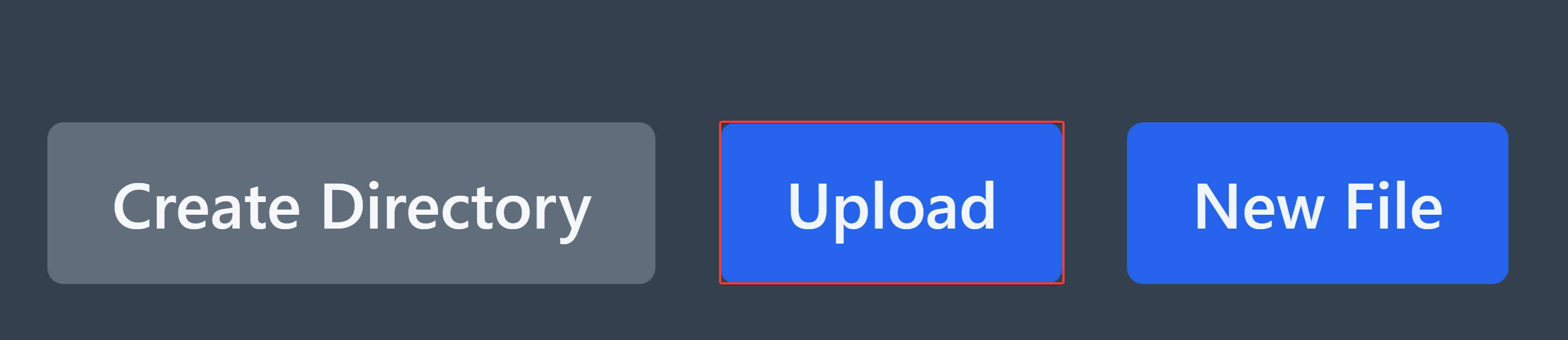 Der „Upload“-Button befindet sich zwischen den Buttons „Create Directory“ und „New File“ und ist im Bild durch ein rotes Quadrat gekennzeichnet.