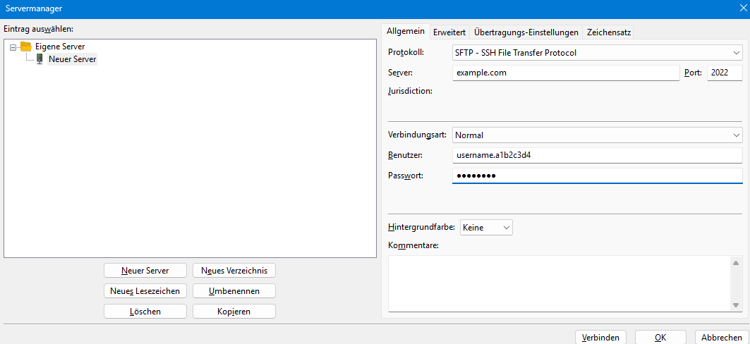 Anmeldemaske im FileZilla-Client